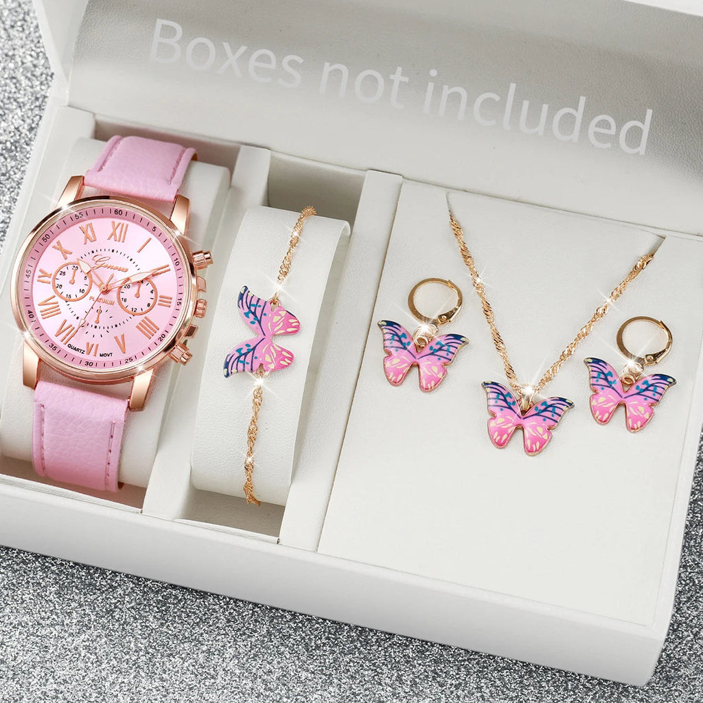 5/6PCS Fashion Women's Quartz Watch Leather Band Analog Wrist Watches Heart Rhinestone Jewelry Set(Without Box) Quick Pick Grocers