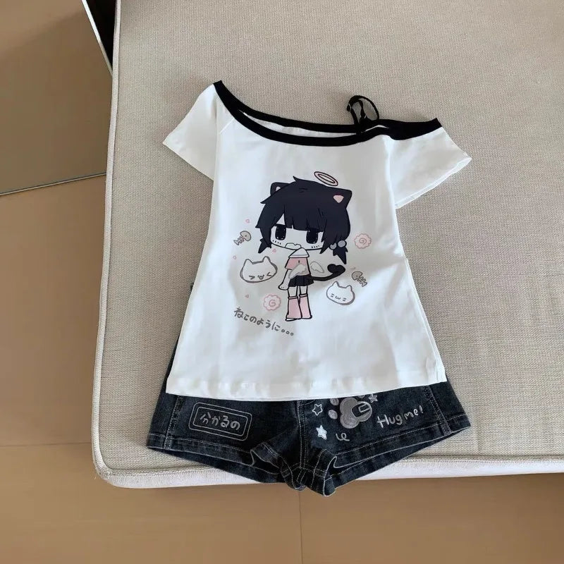 Japanese Y2K Print Skew Collar T-Shirts Summer Off Shoulder Short Sleeve Tee Shirt New Loose All-Match Top for Women Quick Pick Grocers