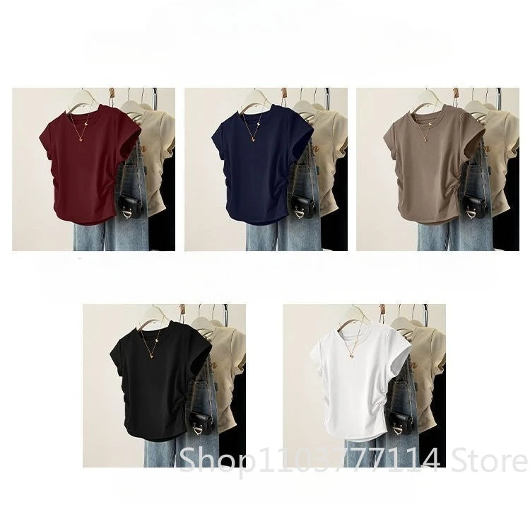 Women Summer Short Sleeved Top for Fashion Versatile Base Shirt Slim Fit Round Neck T-shirt Casual and Sexy Breathable and Cool Quick Pick Grocers