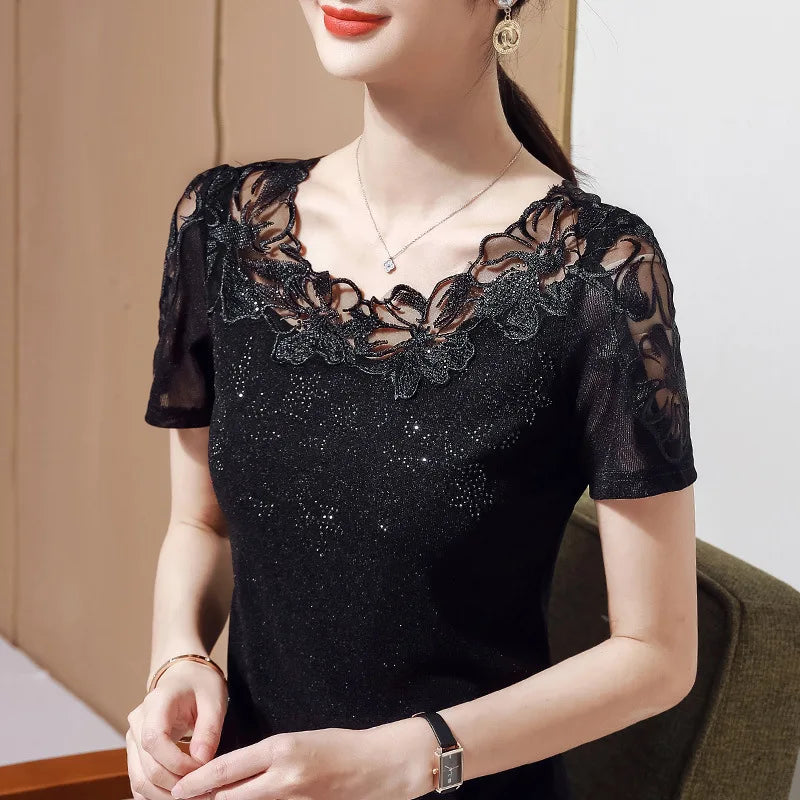 M-5XL Women T-Shirt 2026 New Lace Hollow Embroidery Mesh Tees Tops Fashion Casual Short Sleeve Hot Drilling Women's Shirt Quick Pick Grocers
