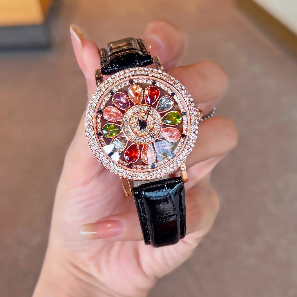 1pc Dazzling And Fashionable Women's Quartz Watch With Colorful Rhinestone Inlay, Featuring An Alluring Rotatable Dial, Durable Quick Pick Grocers