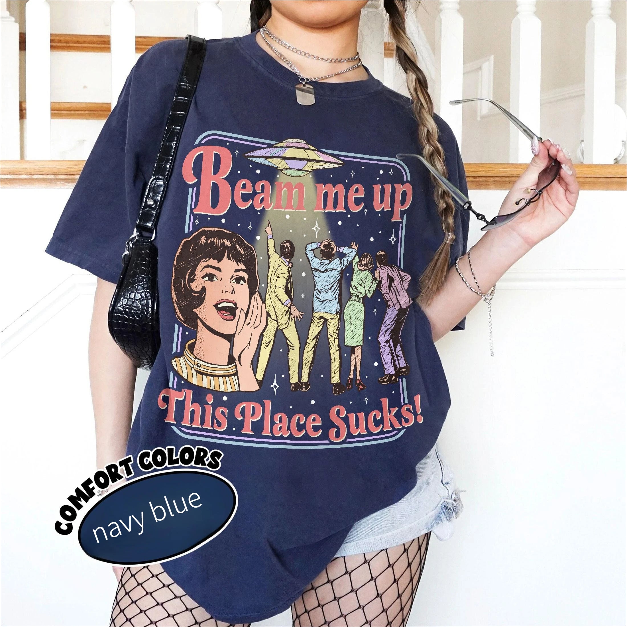 Fun Slogan 'Beam Me Up This Place Sucks' Retro UFO Crowd Print Funny Sci-fi Style' Loose Short Sleeved Women's T-shirt Quick Pick Grocers