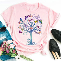 New Fashion Women T-shirt Colorful Butterfly Petal Print Short Sleeve and Round Neck Cute Graphic Tee Shirts Female Tops Clothin Quick Pick Grocers