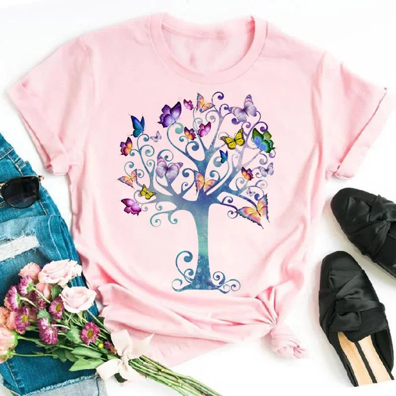New Fashion Women T-shirt Colorful Butterfly Petal Print Short Sleeve and Round Neck Cute Graphic Tee Shirts Female Tops Clothin Quick Pick Grocers