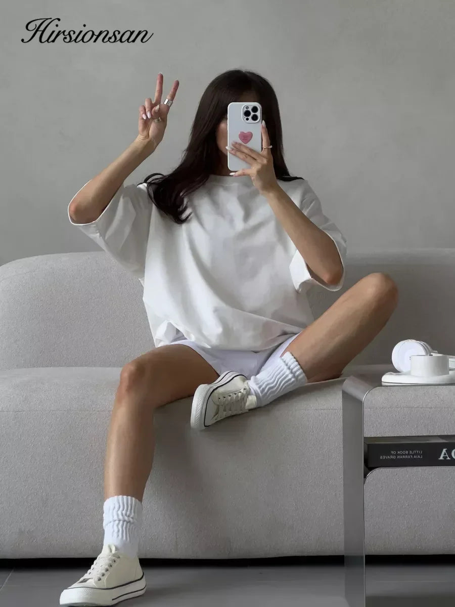 Hirsionsan Summer Casual Oversized T-shirts Women 100% Cotton Pink Loose Tees 2025 New Cusual Solid O Neck Female Aesthetic Tops Quick Pick Grocers
