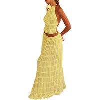 Women Boho Sexy Backless Matching Suit 2 Piece Beach Holiday Outfits Vintage Ruched Halter Cami Tops + Maxi Long Skirt Party Quick Pick Grocers