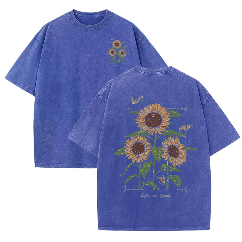 Lift Is Good Beautiful Sunflower Print Washed T Shirts Women Soft Cotton T-Shirt Street Creative Short Sleeve Summer Casual Tops Quick Pick Grocers