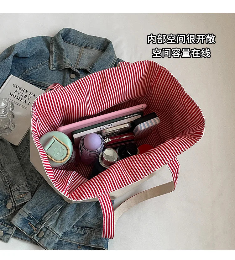 Casual Large Stripe Women's Shoulder Bag 2025 New Fashion Commuter Tote Bag High Capaci Canvas Handbag for Youth bolso mujer Quick Pick Grocers