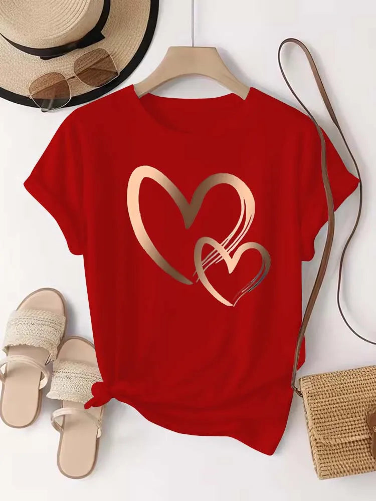 Summer New Fashion Women's Heart Printed T-shirt Trendy Casual Round Neck Top Short Sleeves Women T-shirt Women Clothing Quick Pick Grocers