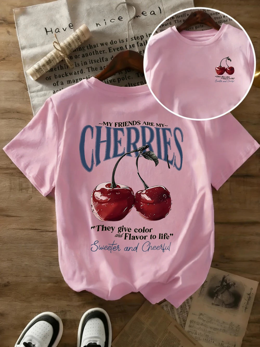 Summer Sweeter Cherries Prints T-Shirts Womens Cotton Oversized T Shirts Basic O-Neck Short Sleeve Tops Casual Woman Clothes Quick Pick Grocers