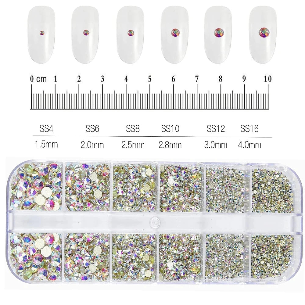 12Grids SS6-SS30 Mixed Nail Rhinestones Shiny Clear/Gold/Pink/Blue Diamond Flat-back Nail Gems Glass Stones Nails Decoration Econic Blanks