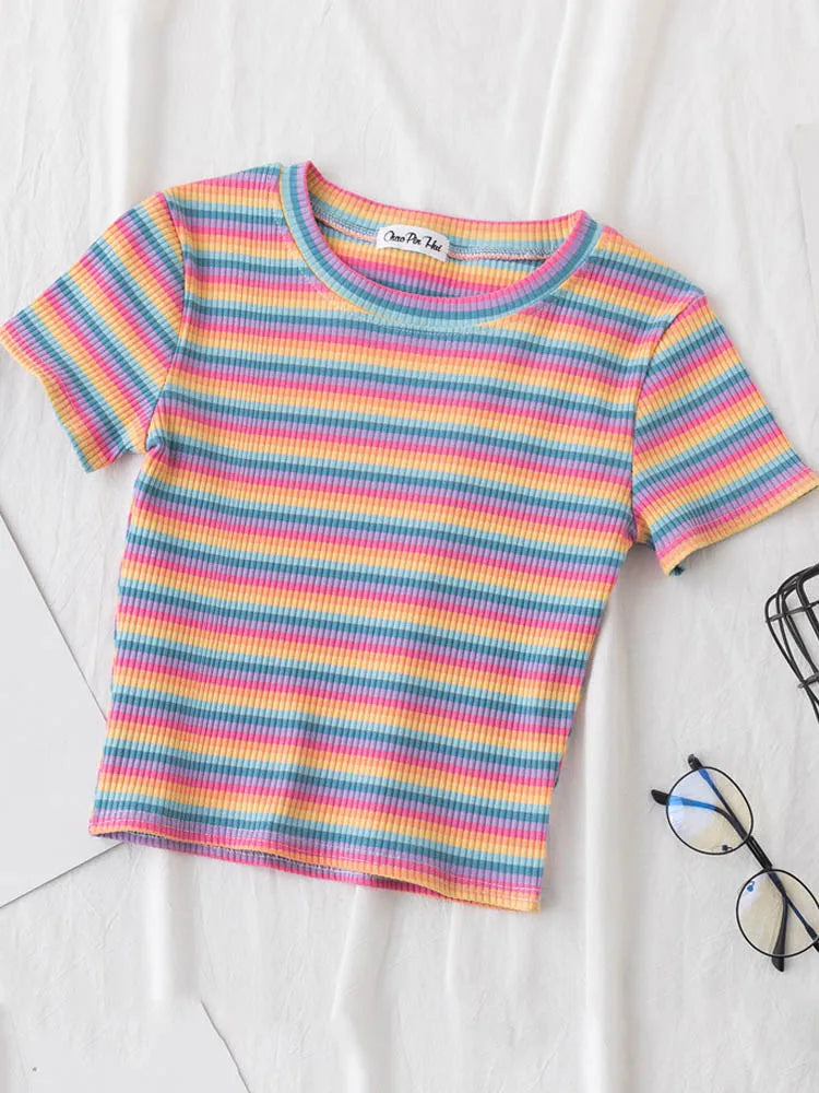 New T Shirt Women Rainbow Striped Tops Slim Fit t shirt Harajuku Tshirt Summer Short Sleeve Korean T-shirt feminina Clothes Tops Quick Pick Grocers