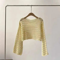 Long Sleeve Crochet Knit Top Summer Beach Bikini Cover Up Crop Pullover Wool Knitwear Blouse Women Vacation Boho Outfit Quick Pick Grocers