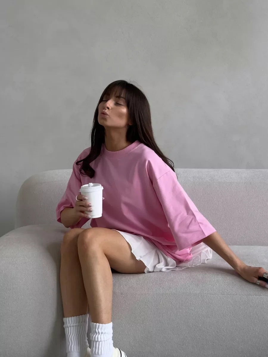 Hirsionsan Summer Casual Oversized T-shirts Women 100% Cotton Pink Loose Tees 2025 New Cusual Solid O Neck Female Aesthetic Tops Quick Pick Grocers