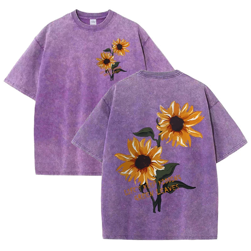 Lift Is Good Beautiful Sunflower Print Washed T Shirts Women Soft Cotton T-Shirt Street Creative Short Sleeve Summer Casual Tops Quick Pick Grocers