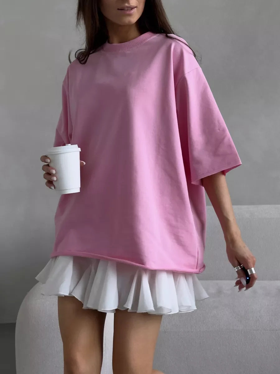 Hirsionsan Summer Casual Oversized T-shirts Women 100% Cotton Pink Loose Tees 2025 New Cusual Solid O Neck Female Aesthetic Tops Quick Pick Grocers