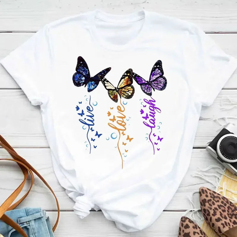New Fashion Women T-shirt Colorful Butterfly Petal Print Short Sleeve and Round Neck Cute Graphic Tee Shirts Female Tops Clothin Quick Pick Grocers