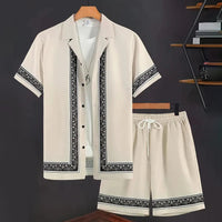 2024 New Men's Summer Holiday Suit Retro Textured Printed Border Shirt Short Sleeve Shorts Two Piece Men's Breathable Pool Suit Quick Pick Grocers