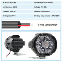2PCS 6 LED Motorcycle Headlight Waterproof Scooters Spotlight Car Auxiliary Lamp Fog Bulb Work Lights white Universal 12v