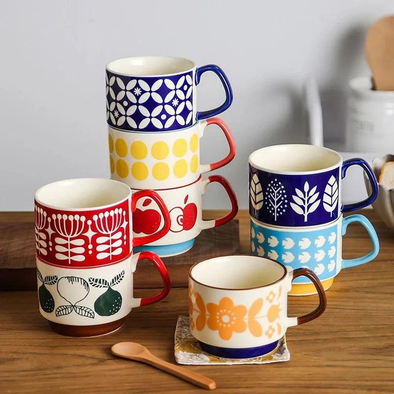 300ml Japanese Flower Coffee Mug Set Retro Ceramic Milk Oats Mug Office Water Handgrip Cup Kitchen Party Drinkware Set Quick Pick Grocers