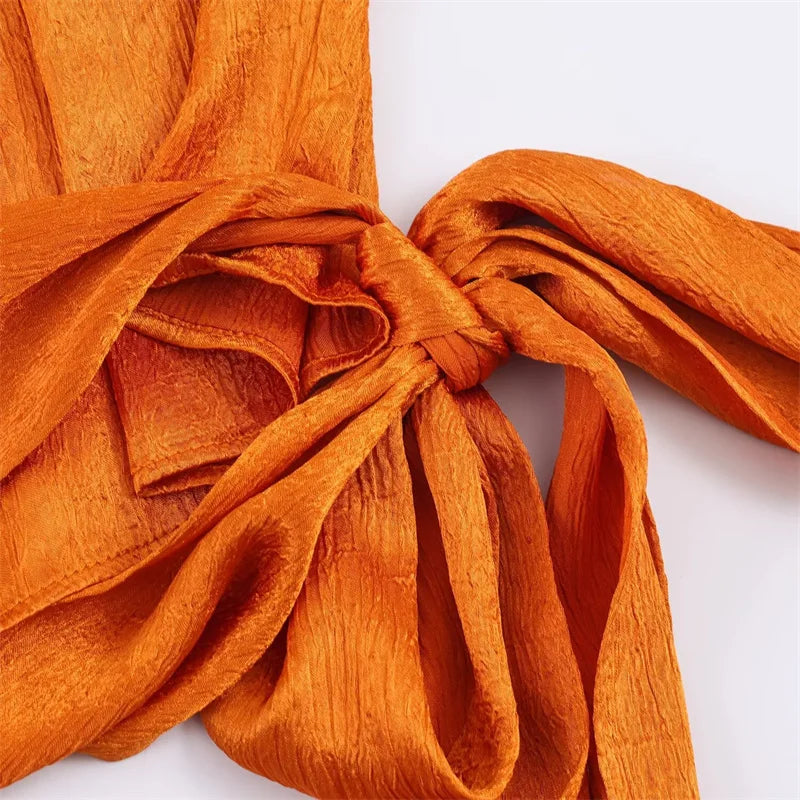 Women's Top 2026 Spring New Style Orange Sleeveless Satin Texture Long Ribbon Top Elegant and Stylish Unique Fashion Focus Quick Pick Grocers