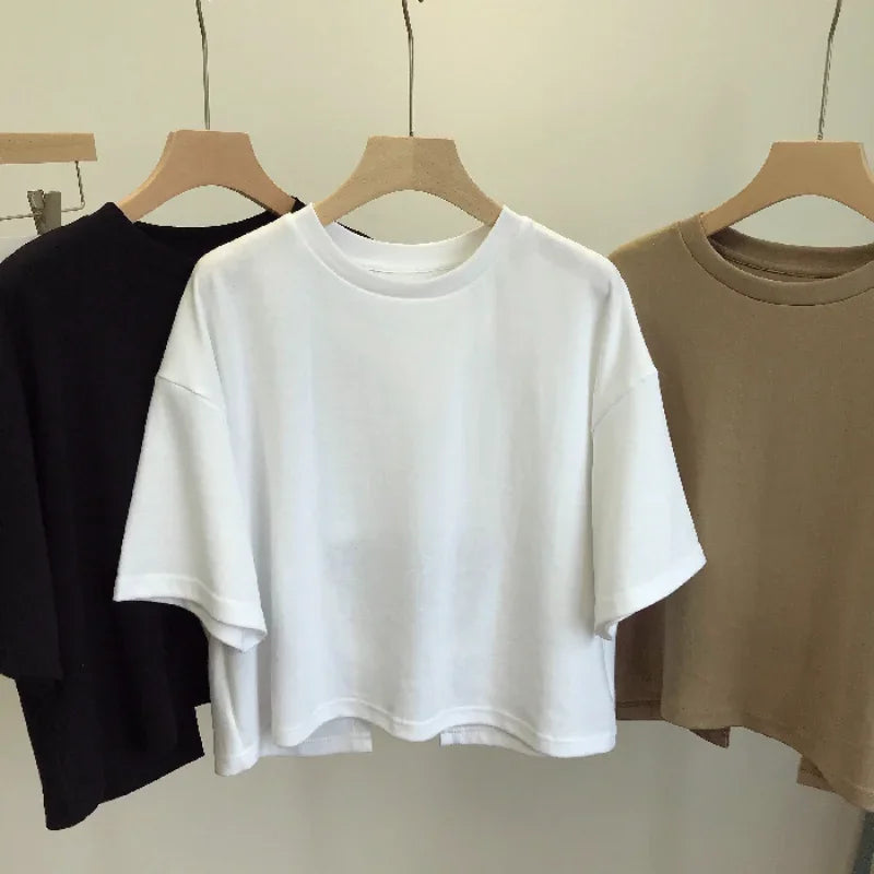 Summer New Ladies Casual Backless T-Shirt 2023 Korean Women Round Neck Loose Sweet Spicy Wind Short-Sleeved Crop Tops Quick Pick Grocers