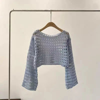 Long Sleeve Crochet Knit Top Summer Beach Bikini Cover Up Crop Pullover Wool Knitwear Blouse Women Vacation Boho Outfit Quick Pick Grocers