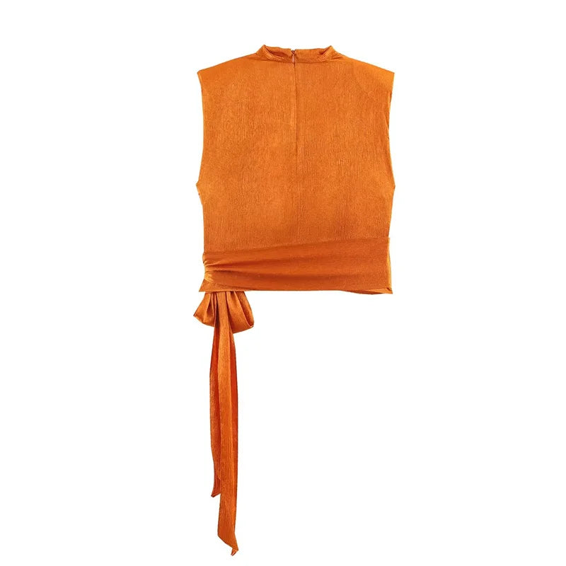 Women's Top 2026 Spring New Style Orange Sleeveless Satin Texture Long Ribbon Top Elegant and Stylish Unique Fashion Focus Quick Pick Grocers
