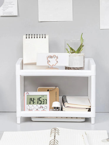 1PC PP Desktop Double Layer Storage Rack Rectangular White Organizing Student Desk Office Cosmetics Stationery Econic Blanks