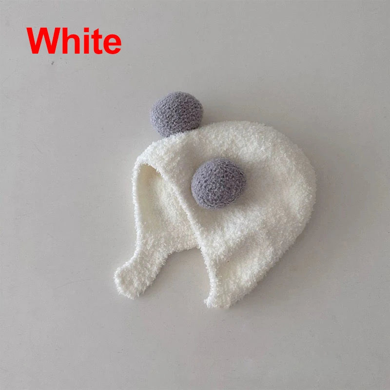 Cute Winter Warm Kids Girl Boys Baby Hats Fleece Wool Hemming Caps with Ball Solid Wool Ear Protection Hats Soft Newborn Bonnet Purest Peak