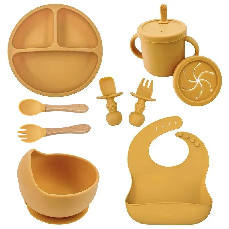 Food Grade Silicone Child Dish Set Baby Feeding Bowl Suction Plate Straw Cup Wooden Spoon Fork for Kids Tableware Toddler Dishes Purest Peak
