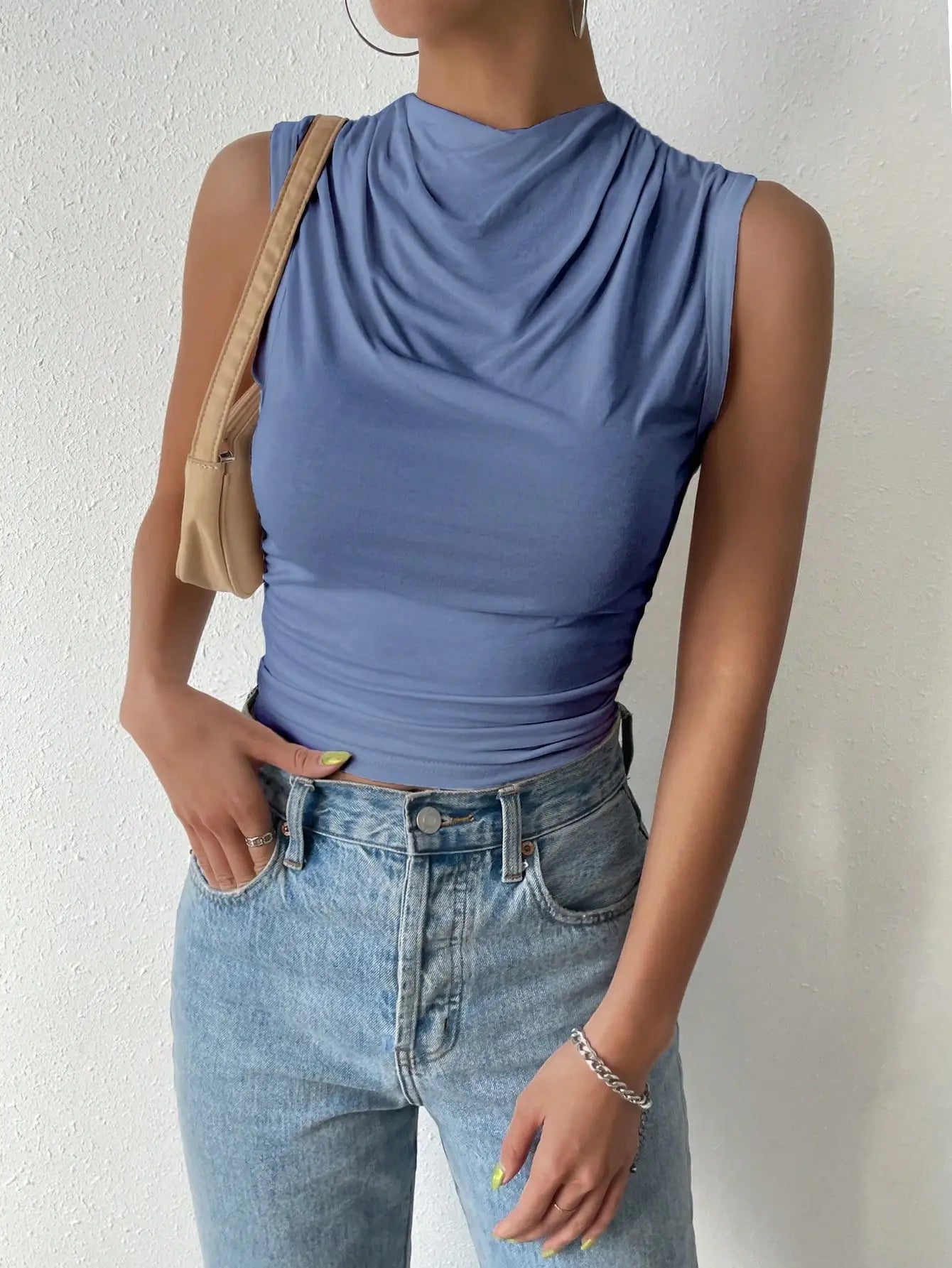 Women's Casual Pleated Design Top Summer Fashion Street Style Solid Color Slim Half High Neck Sleeveless T-Shirt Top Quick Pick Grocers