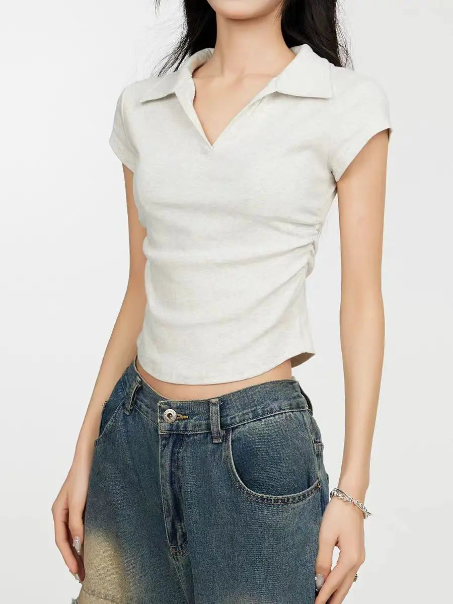 Cotton Summer Sexy Women's T Shirt Skinny Slim Basic Solid Crop Top Short Sleeve Polo TShirtCasual Top Tee for Women Quick Pick Grocers