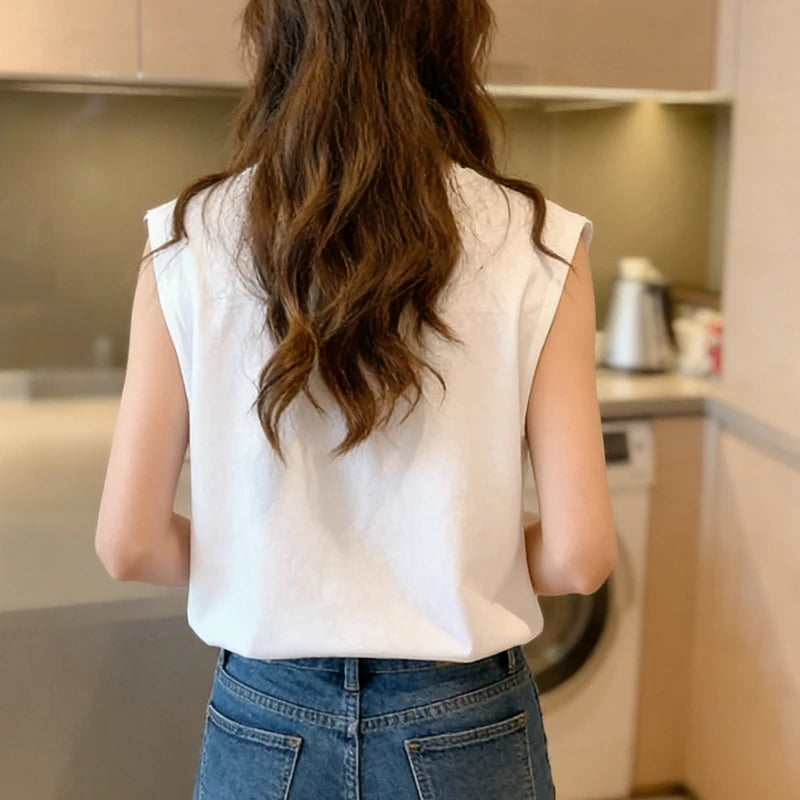 Woman Loose Sleeveless Tank Top Summer Casual Vest Basic Daily T-shirt Sweet Style Suitable For Students Stretchy Soft Lady Wear Quick Pick Grocers