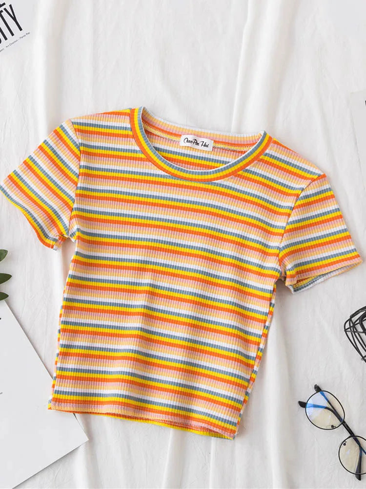New T Shirt Women Rainbow Striped Tops Slim Fit t shirt Harajuku Tshirt Summer Short Sleeve Korean T-shirt feminina Clothes Tops Quick Pick Grocers