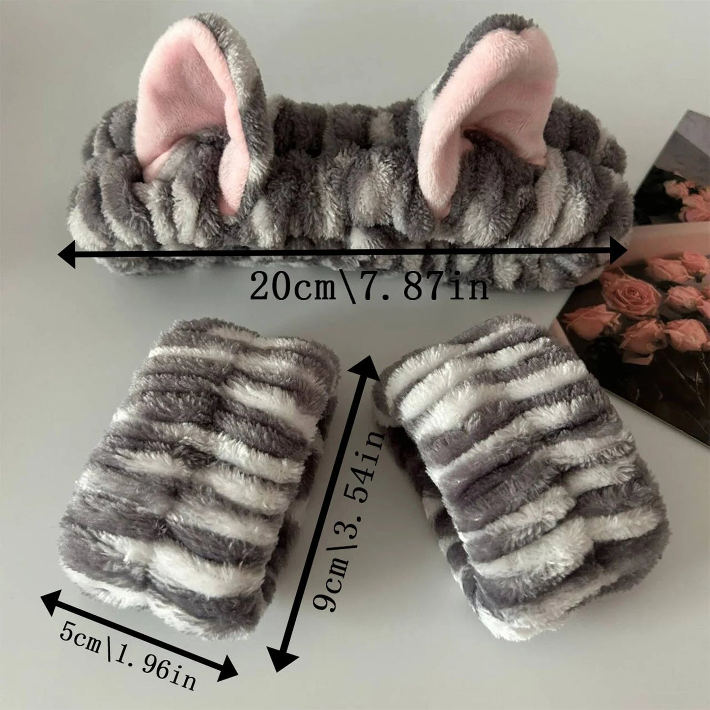 3pcs Wash Face Headband Soft Comfortable Plush Headband Wrist Strap Set For Girls Cartoon Cat Ear Shaped Wash Up Headband Kit Econic Blanks