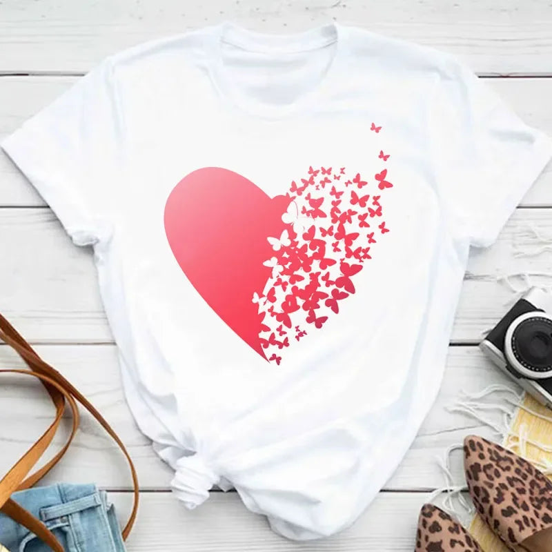 New Fashion Women T-shirt Colorful Butterfly Petal Print Short Sleeve and Round Neck Cute Graphic Tee Shirts Female Tops Clothin Quick Pick Grocers