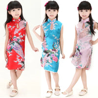 Cheongsam Dress Baby Girl Qipao Summer Clothes Peacock Sleeveless Slim Traditional Dress Child Girls Clothes Chinese Style Quick Pick Grocers