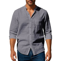 Cotton Linen Shirt for Men Henley Neck Solid Color Lightweight Breathable Slim Fit Single Breasted Shirt Long Sleeve Button Up Quick Pick Grocers