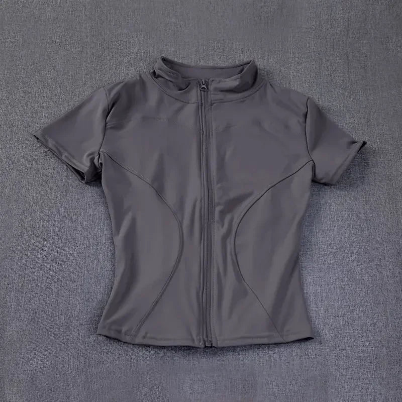Summer High Quality Waist Slimming Training Tops Women's Quick-drying Tight Stand Collar Full Zipper Short Sleeves Yoga shirts Quick Pick Grocers