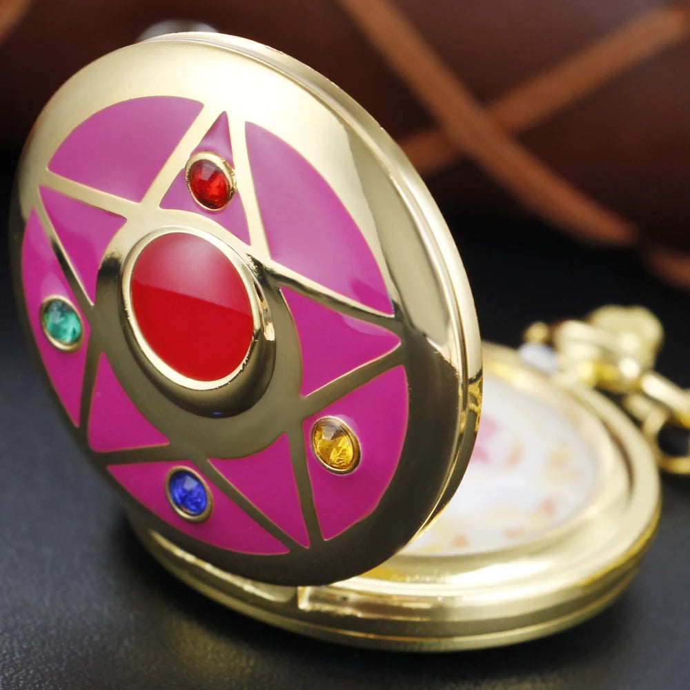 Japanese Anime Beauty Girl Gold Quartz Pocket Girl Vintage Fob Watch Children's Gift Women Pendant Necklace Souvenir Quick Pick Grocers