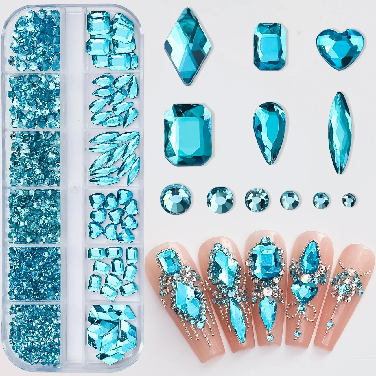 180pcs AB Flatback Glass Nail Art Rhinestones Multi-shape Mixed Diamond Gems Blue Purple Crystal Stones For DIY Nail Decoration Econic Blanks
