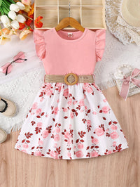 Girl's casual romantic floral print with ruffled edges and small flying sleeves, waist cinching dress (including belt), summer Quick Pick Grocers