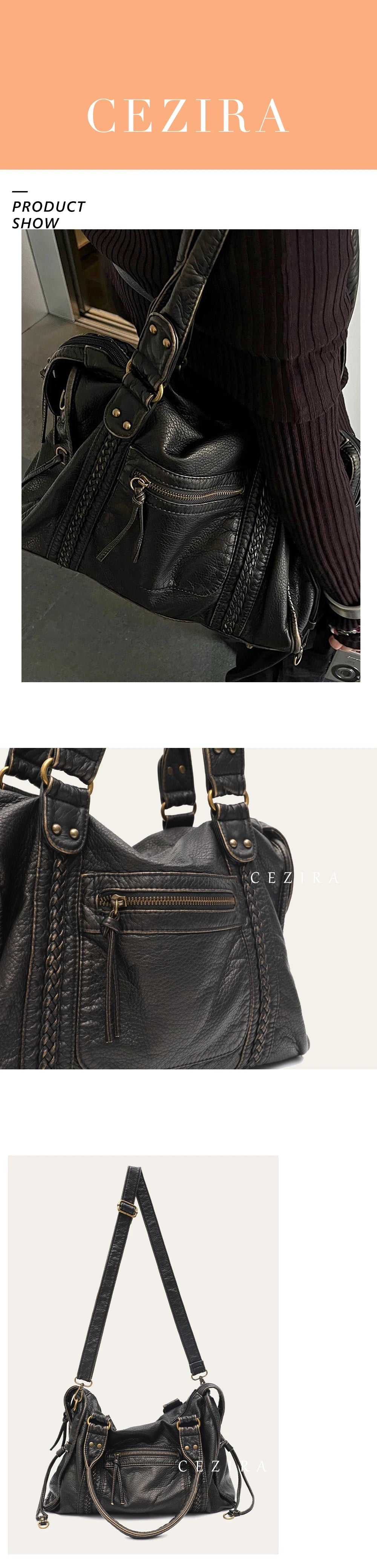 Vintage Washed PU Leather Large Capacity Tote Zip Pockets Braid Decor Shoulder Cross body Bag Unisex Women Daily Travel Handbag Quick Pick Grocers