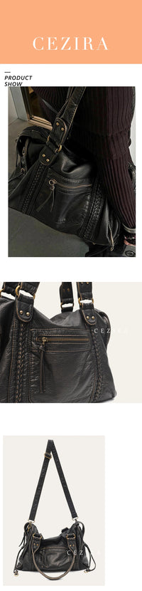 Vintage Washed PU Leather Large Capacity Tote Zip Pockets Braid Decor Shoulder Cross body Bag Unisex Women Daily Travel Handbag Quick Pick Grocers