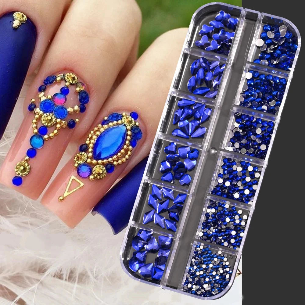 12Grids SS6-SS30 Mixed Nail Rhinestones Shiny Clear/Gold/Pink/Blue Diamond Flat-back Nail Gems Glass Stones Nails Decoration Econic Blanks