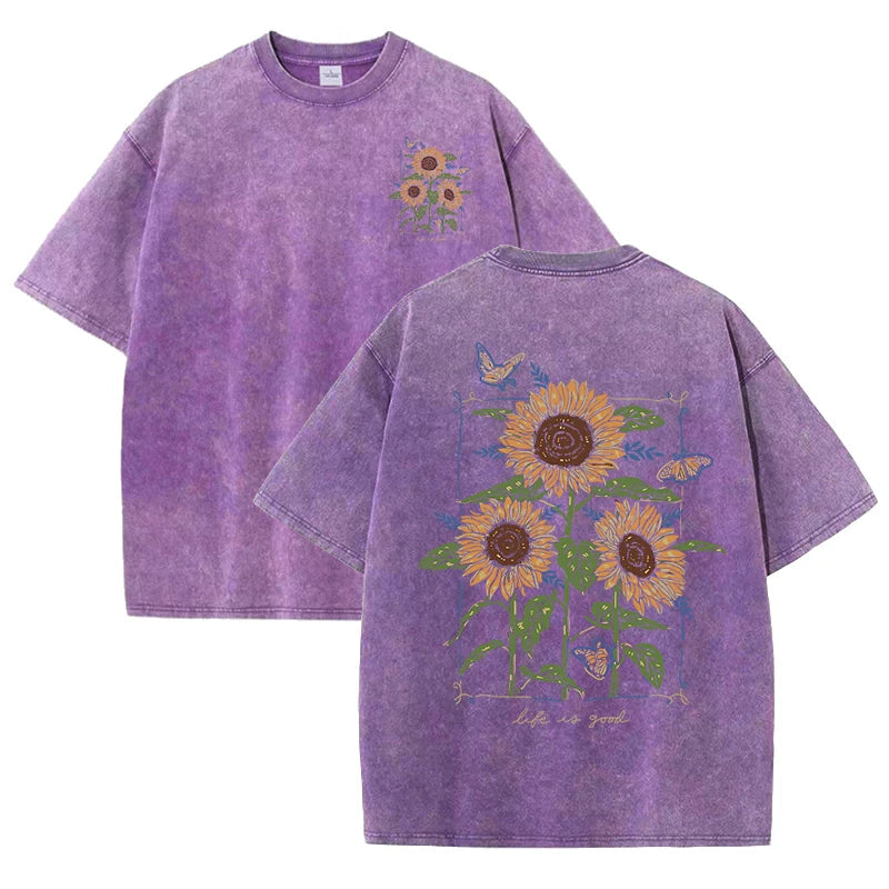Lift Is Good Beautiful Sunflower Print Washed T Shirts Women Soft Cotton T-Shirt Street Creative Short Sleeve Summer Casual Tops Quick Pick Grocers
