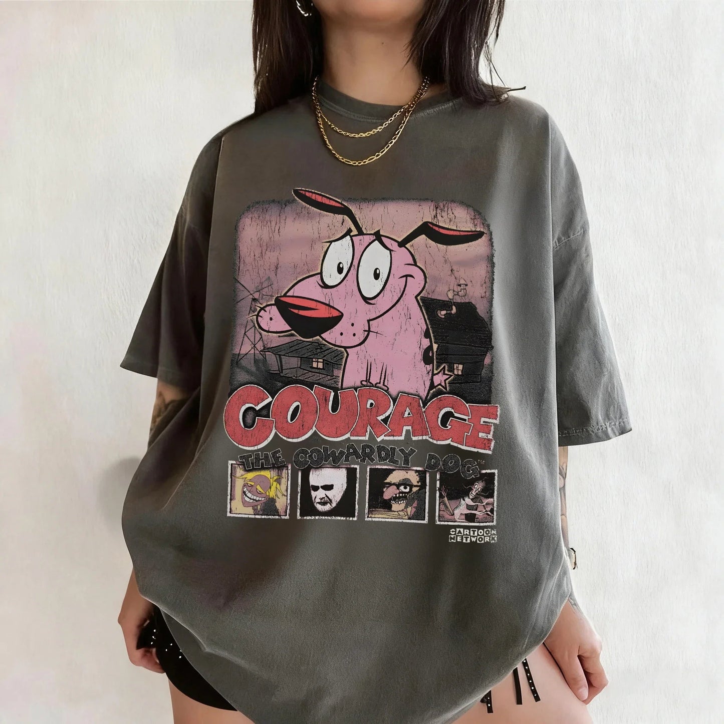 Vintage Courage The Cowardly Dog Cartoon Print Short Sleeve T-Shirt Retro Unisex Graphic Tee 90s Nostalgia Summer Streetwear Tee Quick Pick Grocers