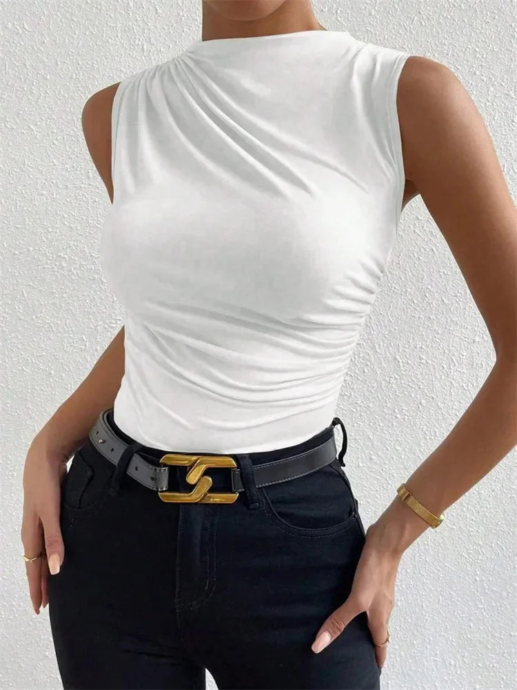 Women's Casual Mock Neck Ruched Tank Top Summer 2024 Solid Color Slim Fit Pleated Sleeveless T Shirt Tee Tshirt Streetwear Quick Pick Grocers