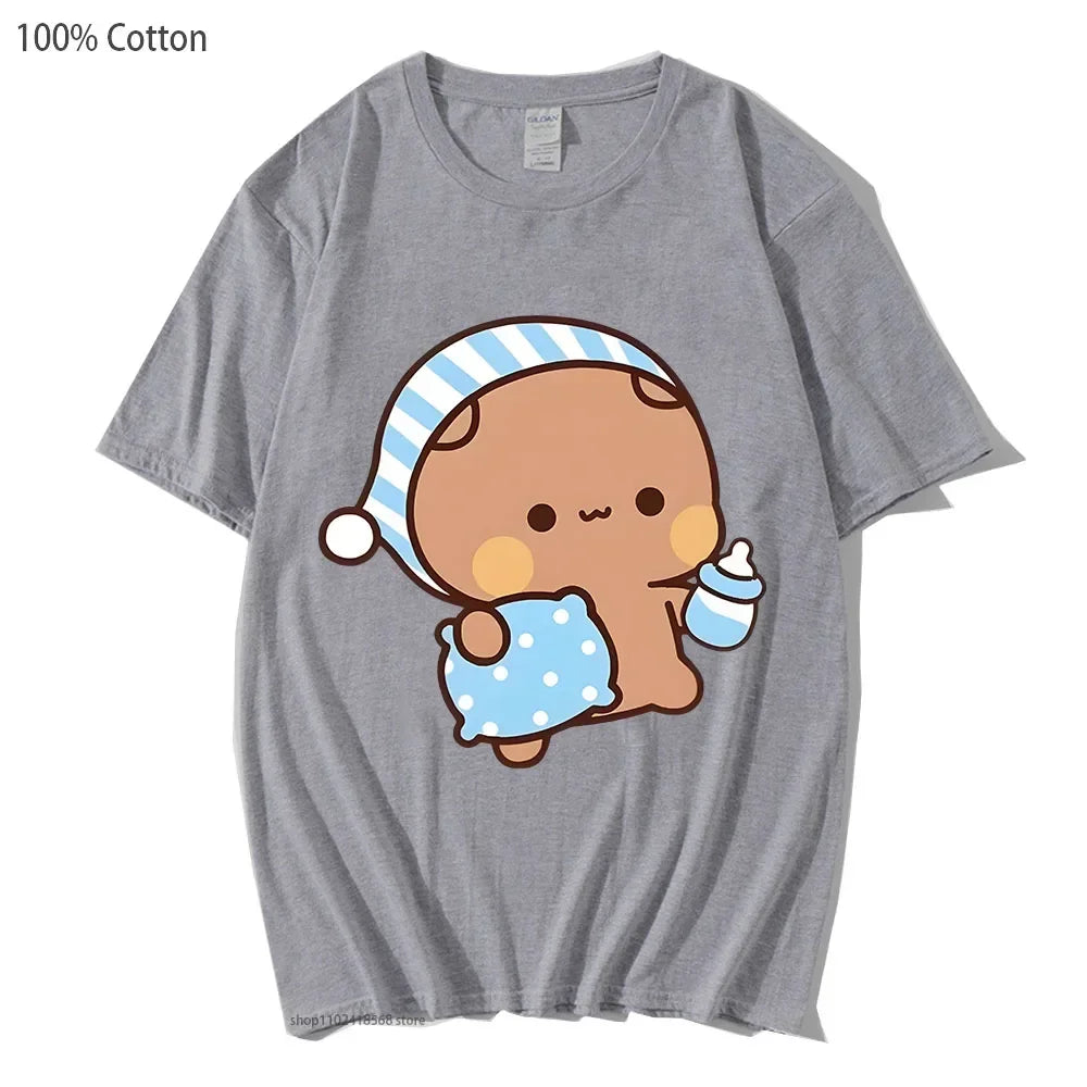 Couple Shirts Kawaii Cute BuBu Panda Going To Sleep with DuDu Bear Graphic Tshirt Cotton Men Women Clothes Long Sleeve Tees Quick Pick Grocers